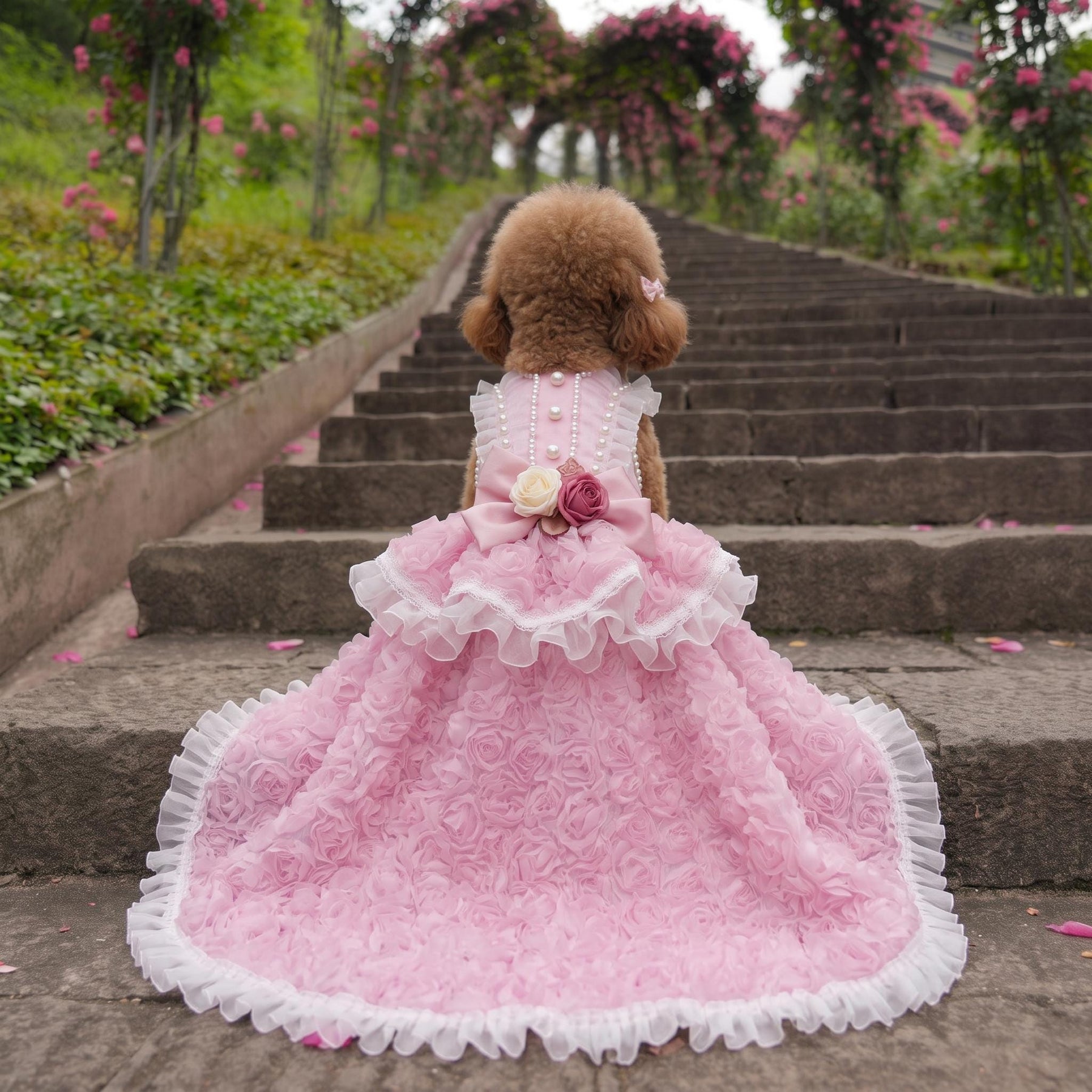 Coco Rosette Dog Wedding Dress, Pink Feather Tulle Dog Gown, Luxury Princess Dress for Small Dogs, Pet Bride Outfit, Dog Birthday Photoshoot Gown — product photograph 3 of 7.