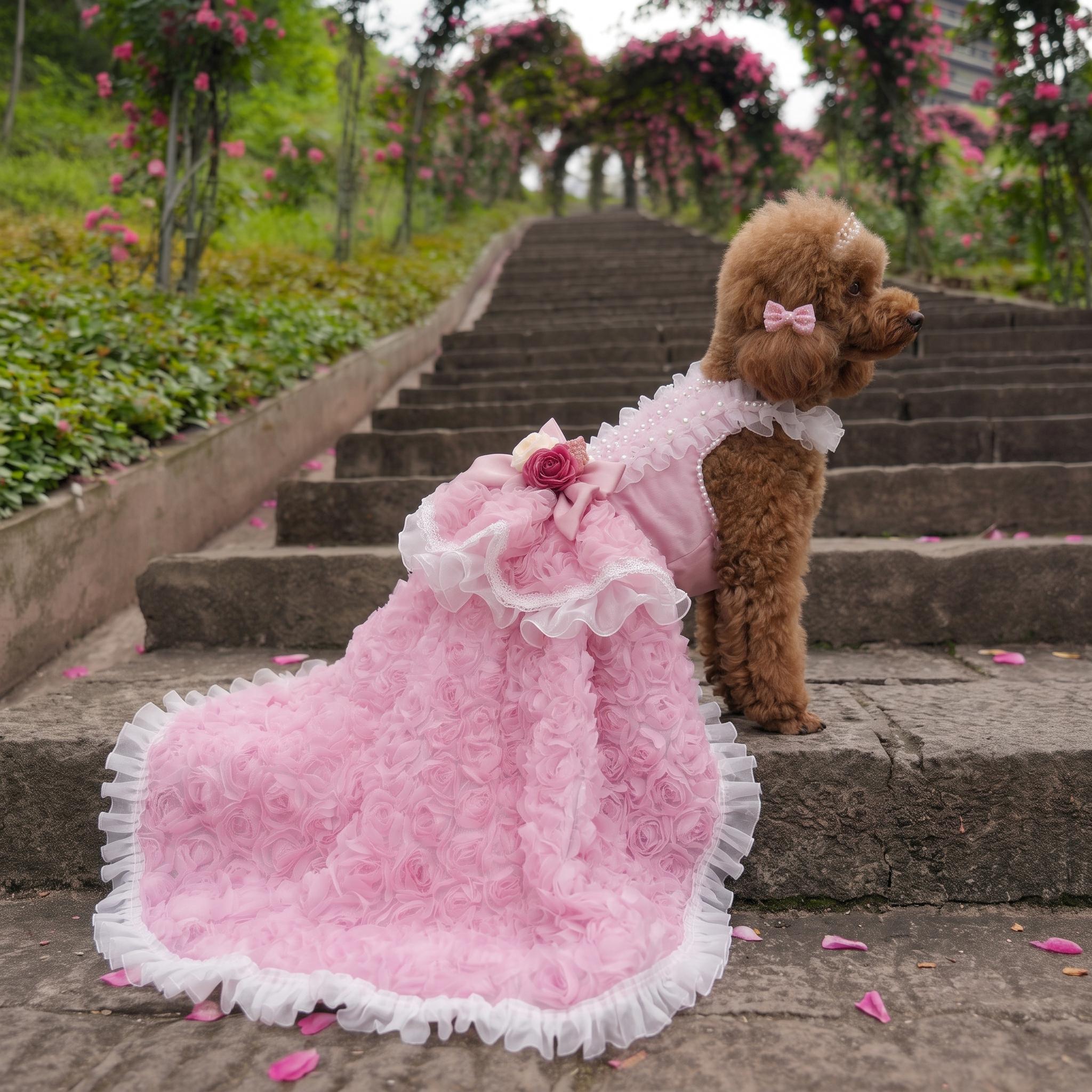 Coco Rosette Dog Wedding Dress, Pink Feather Tulle Dog Gown, Luxury Princess Dress for Small Dogs, Pet Bride Outfit, Dog Birthday Photoshoot Gown — product photograph 2 of 7.