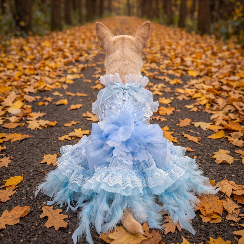 Coco Rosette Blue Dog Wedding Dress, Feather Tulle Dog Gown, Something Blue Pet Outfit, Princess Dress for Dogs, Dog Birthday Party Gown — product photograph 2 of 8.
