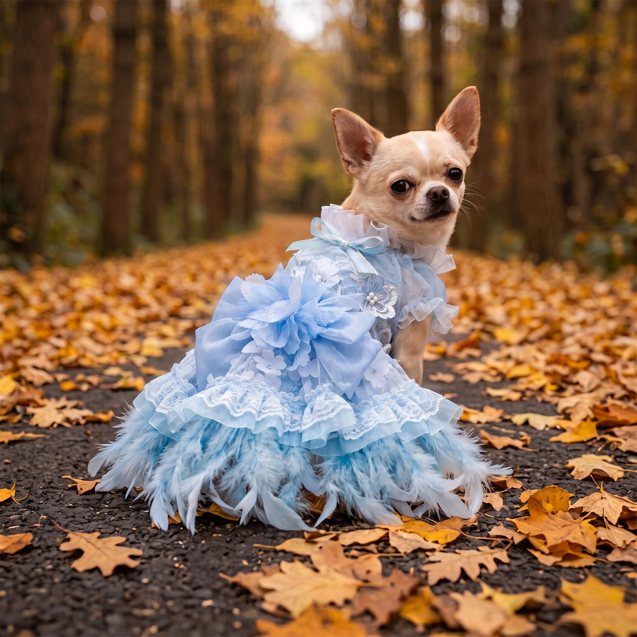 Coco Rosette Blue Dog Wedding Dress, Feather Tulle Dog Gown, Something Blue Pet Outfit, Princess Dress for Dogs, Dog Birthday Party Gown — product photograph 1 of 8.