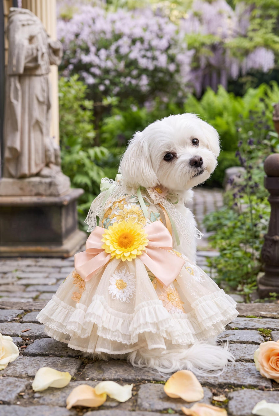 Vestido de boda con girasoles para perro con cola de volantes — imagen del producto 1 de 5