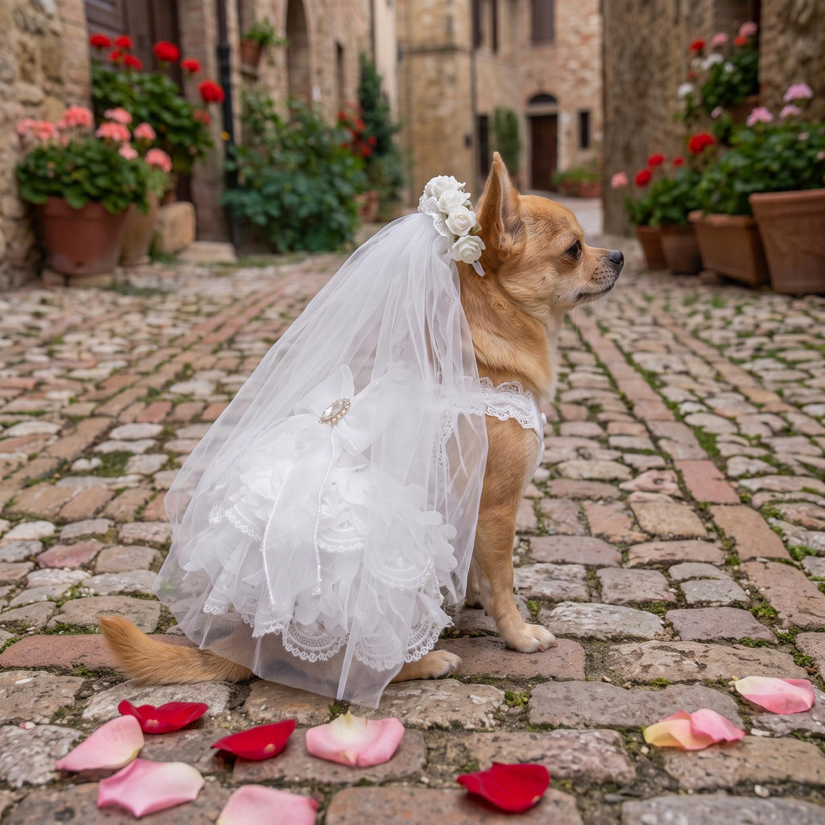 White Lace Dog Wedding Dress with Veil — product image 2 of 7