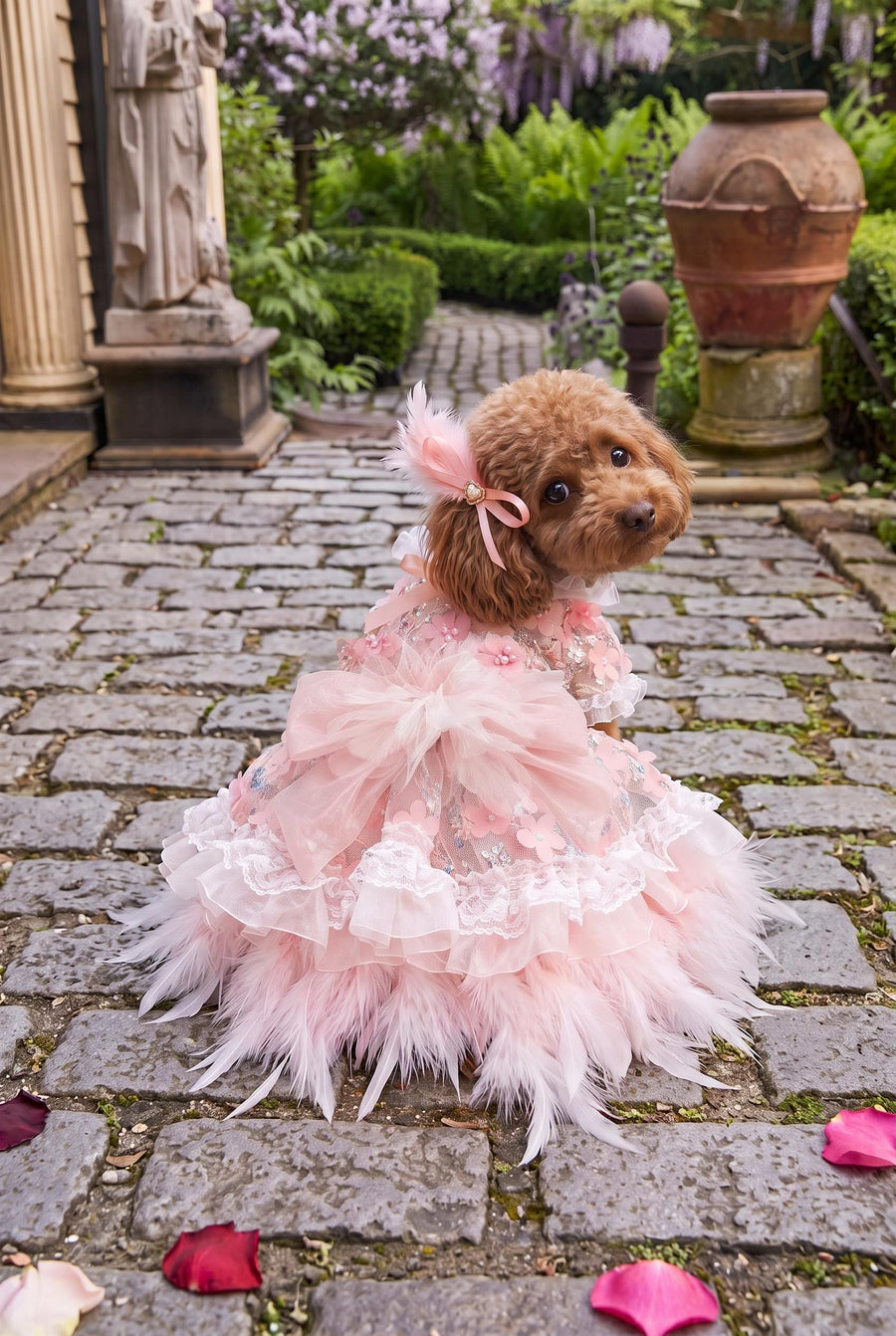 Vestido de fiesta rosa con plumas para perro — imagen del producto 1 de 7