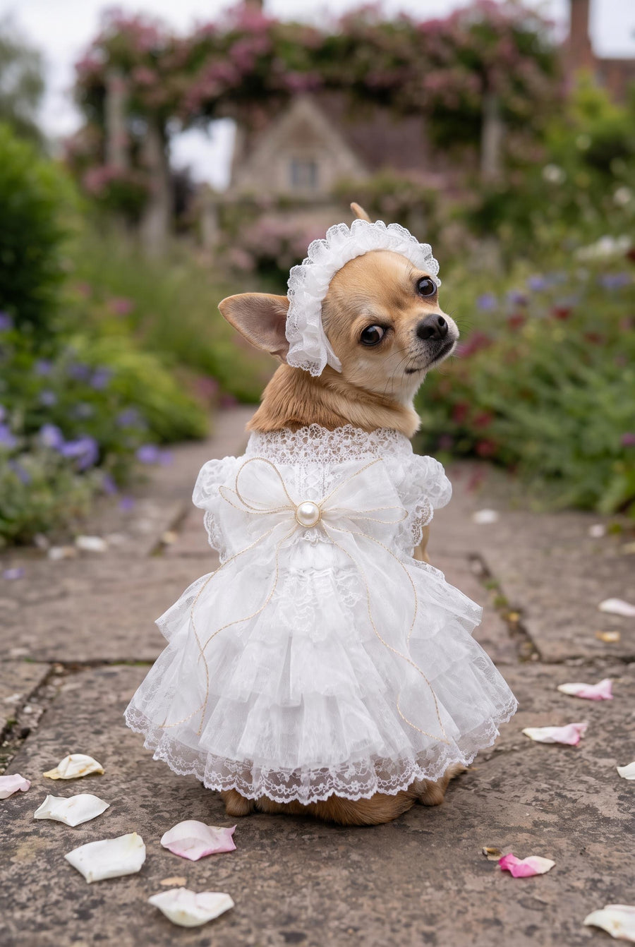 White Dog Wedding Dress with Headband — product image 1 of 6