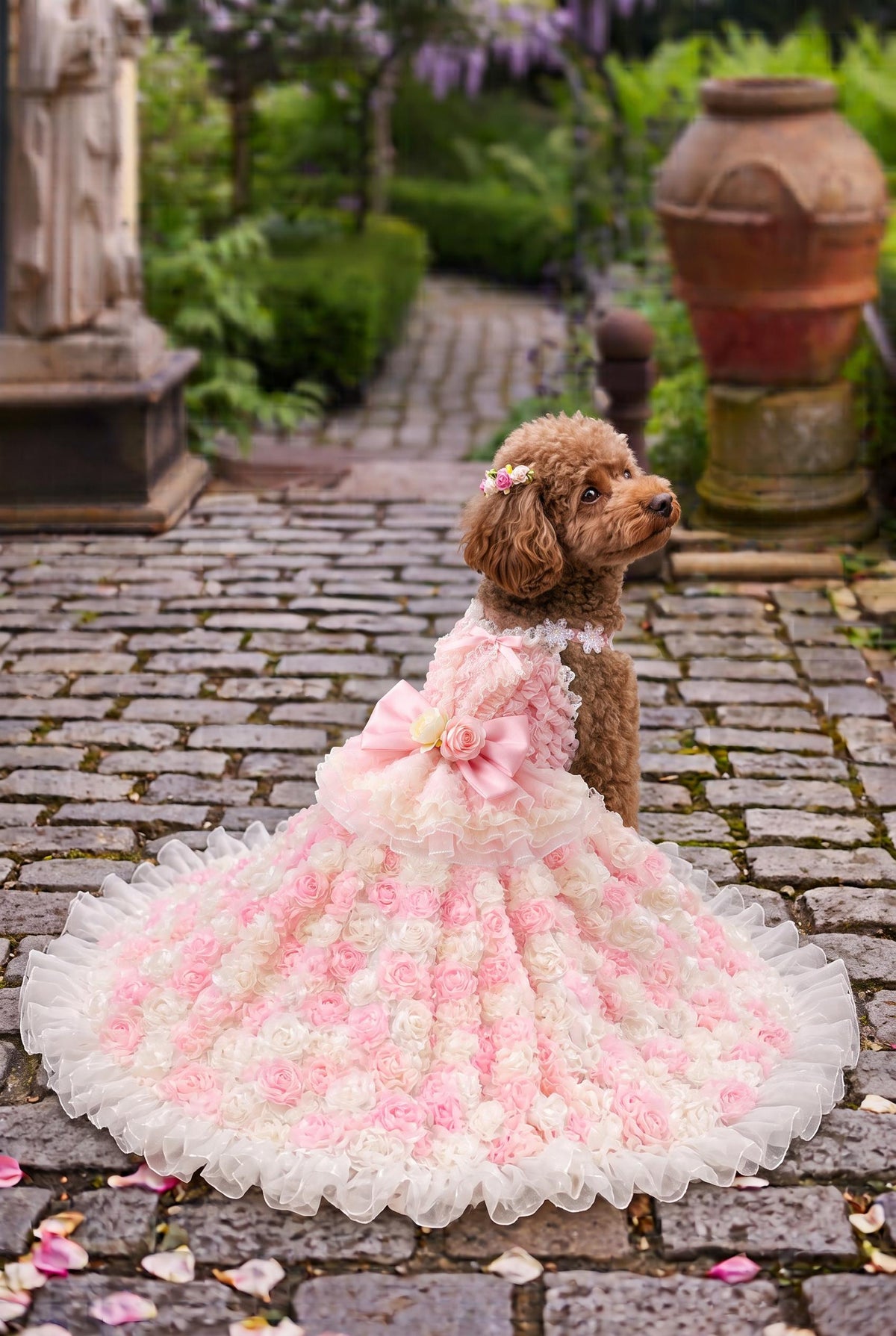 Pink and Ivory Rose Dog Wedding Gown with Detachable Train — product image 3 of 5