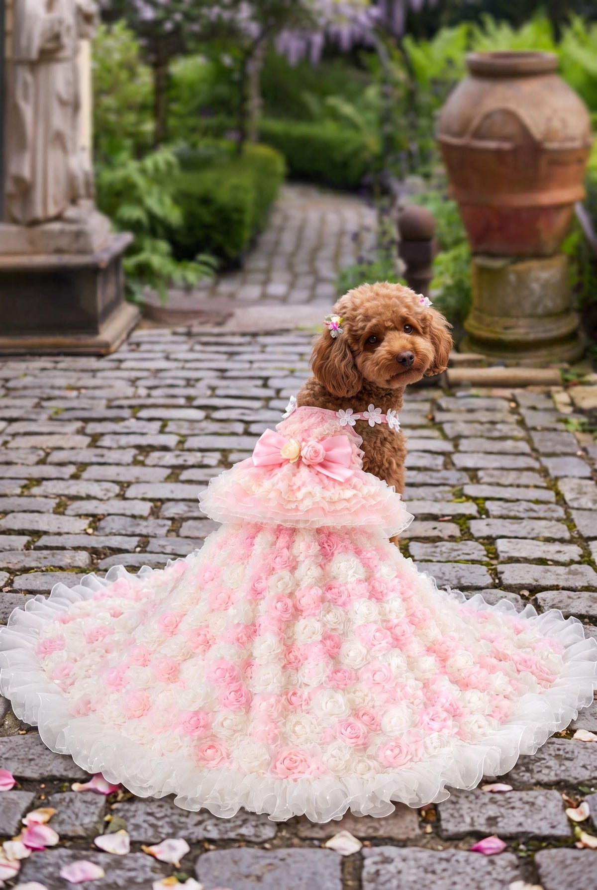 Pink and Ivory Rose Dog Wedding Gown with Detachable Train — product image 1 of 5