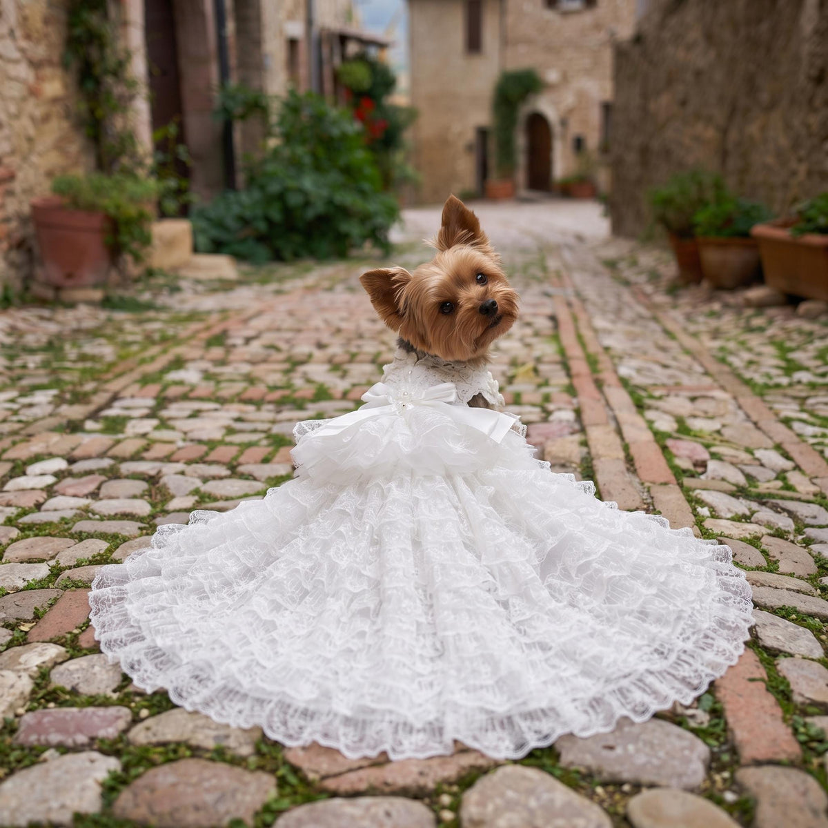 May include: A small Yorkshire Terrier dog wearing a white lace dress with a long, ruffled train. The dress features a layered skirt with intricate lace detailing and a bow at the waist. The dog is positioned on a cobblestone path in an outdoor setting.