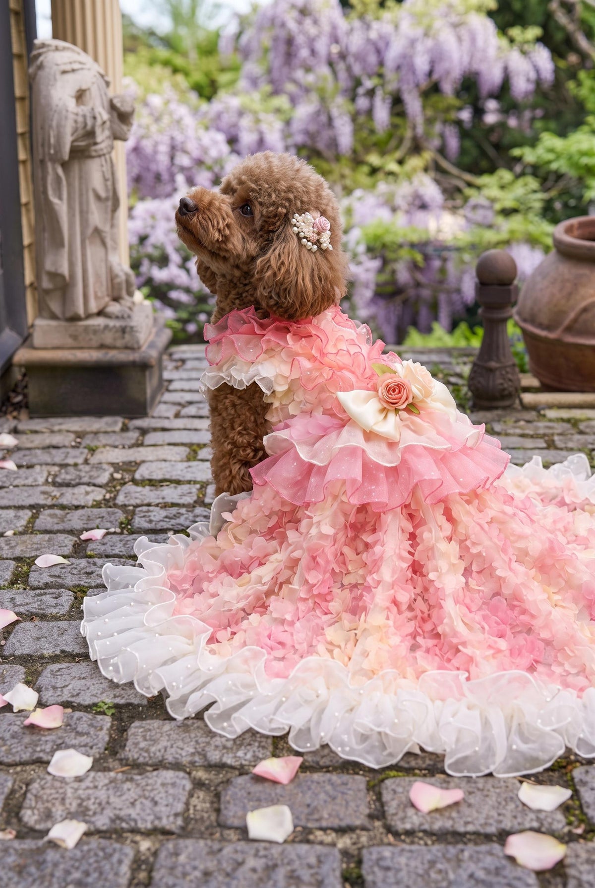 Pink Peach-Petal Dog Wedding Gown with Train — product image 3 of 7