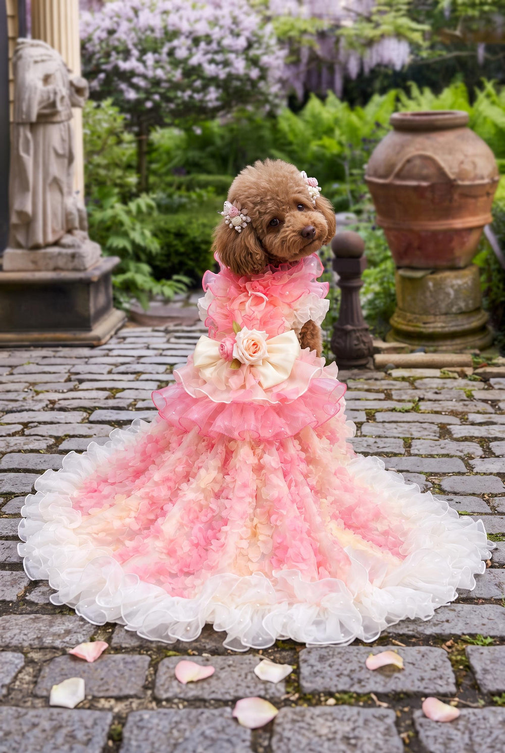 Pink Peach-Petal Dog Wedding Gown with Train — product image 1 of 7