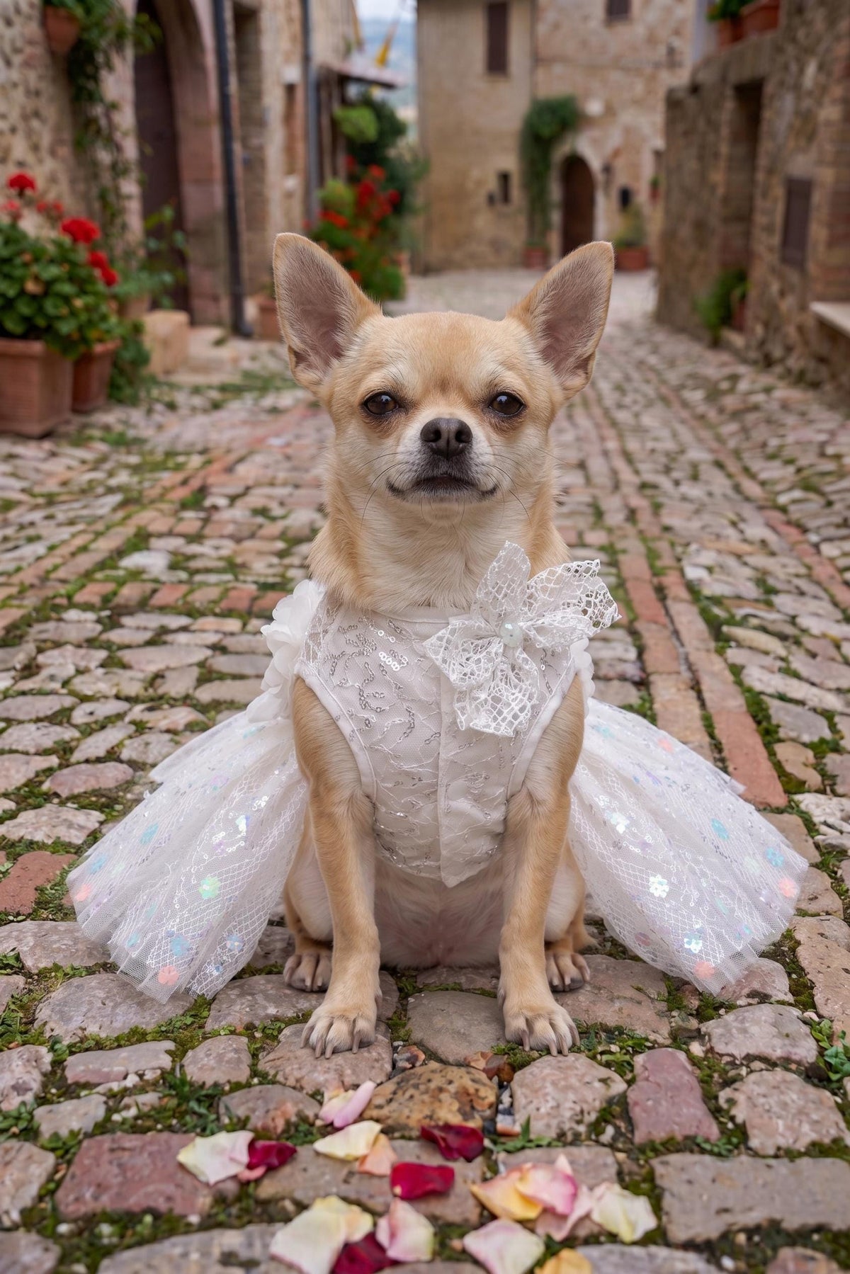 Robe de mariage blanche en dentelle à sequins pour chien avec nœud — photo du produit 4 sur 6