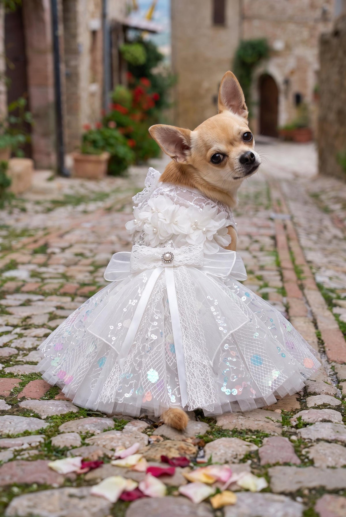 Robe de mariage blanche en dentelle à sequins pour chien avec nœud — photo du produit 1 sur 6