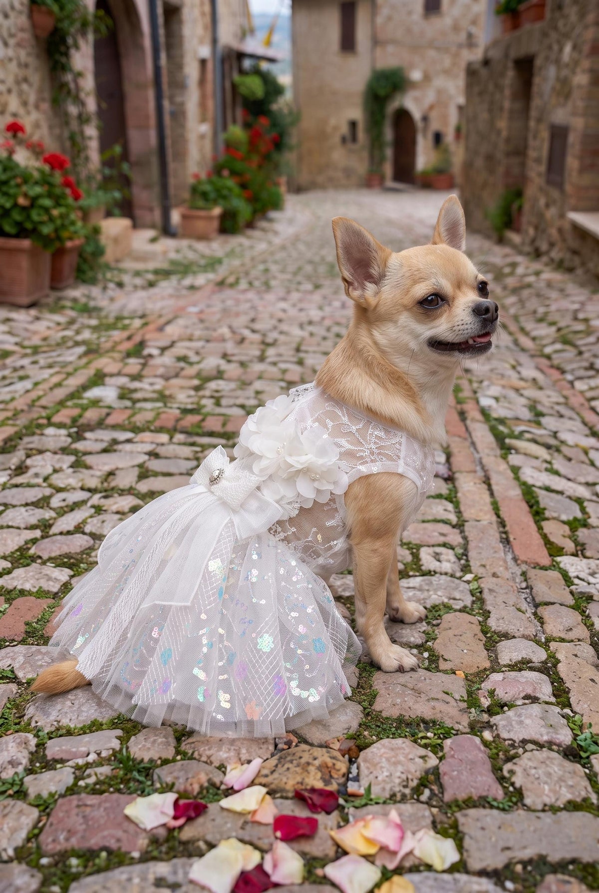 Robe de mariage blanche en dentelle à sequins pour chien avec nœud — photo du produit 3 sur 6