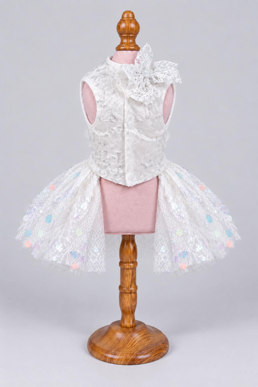 Robe de mariage blanche en dentelle à sequins pour chien avec nœud — photo du produit 6 sur 6