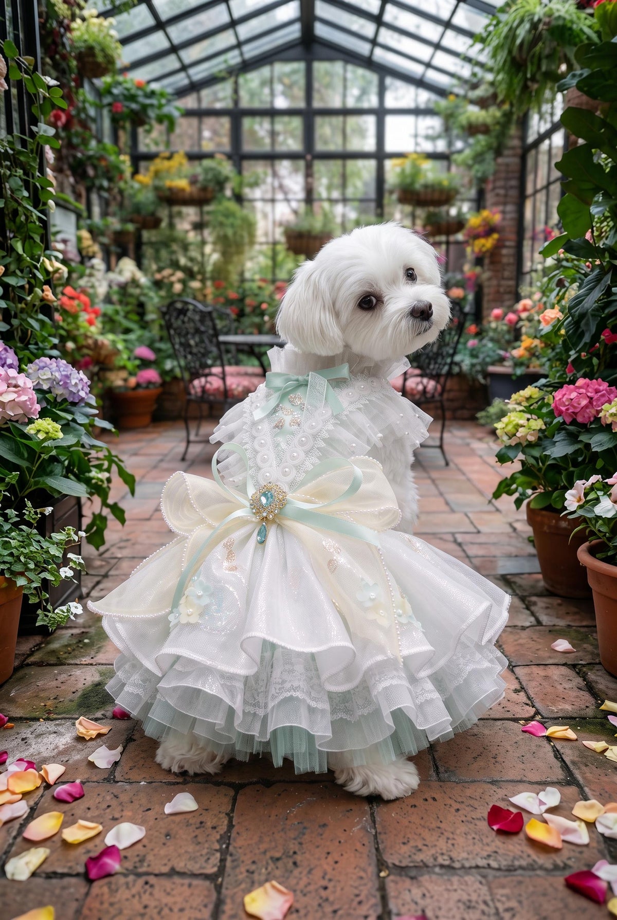 Pastel Pearl Lace Dog Wedding and Party Dress with Crown Brooch — product image 1 of 6