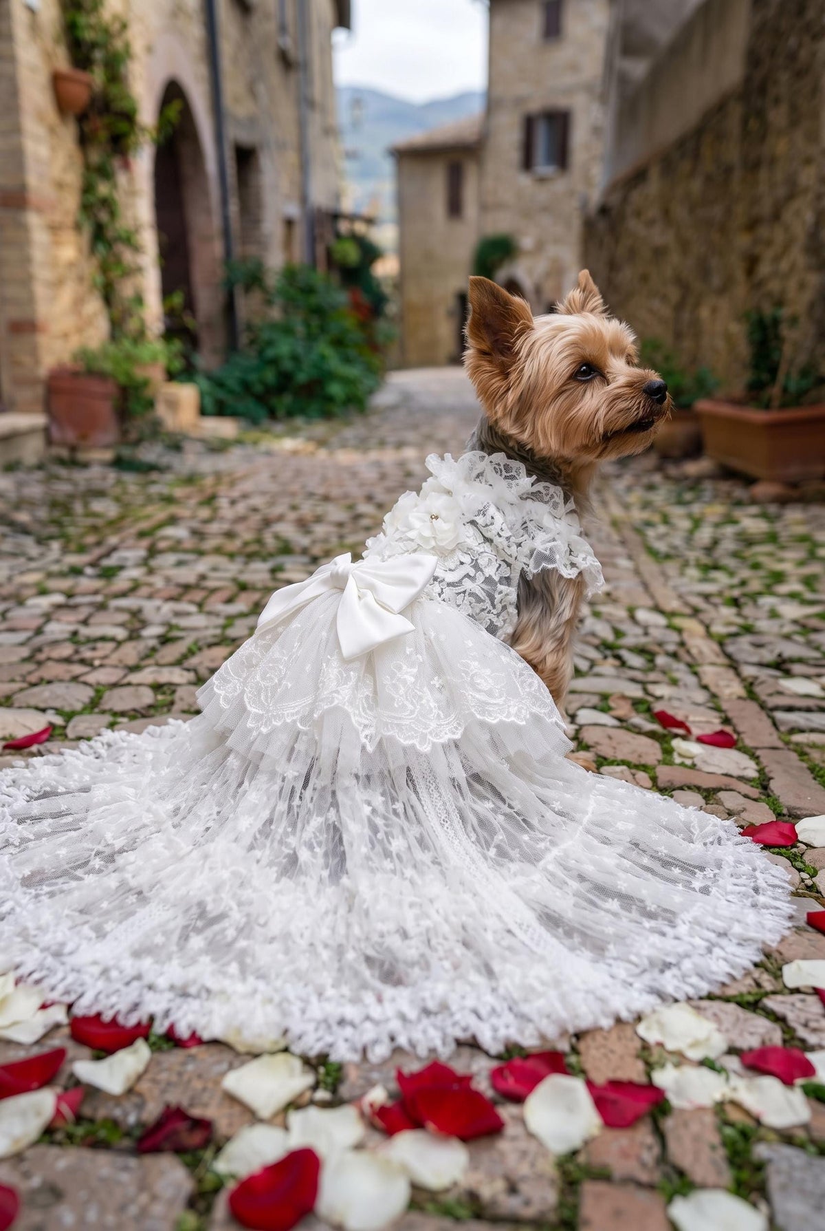 White Lace Dog Wedding Dress with Optional Detachable Train — product image 3 of 7