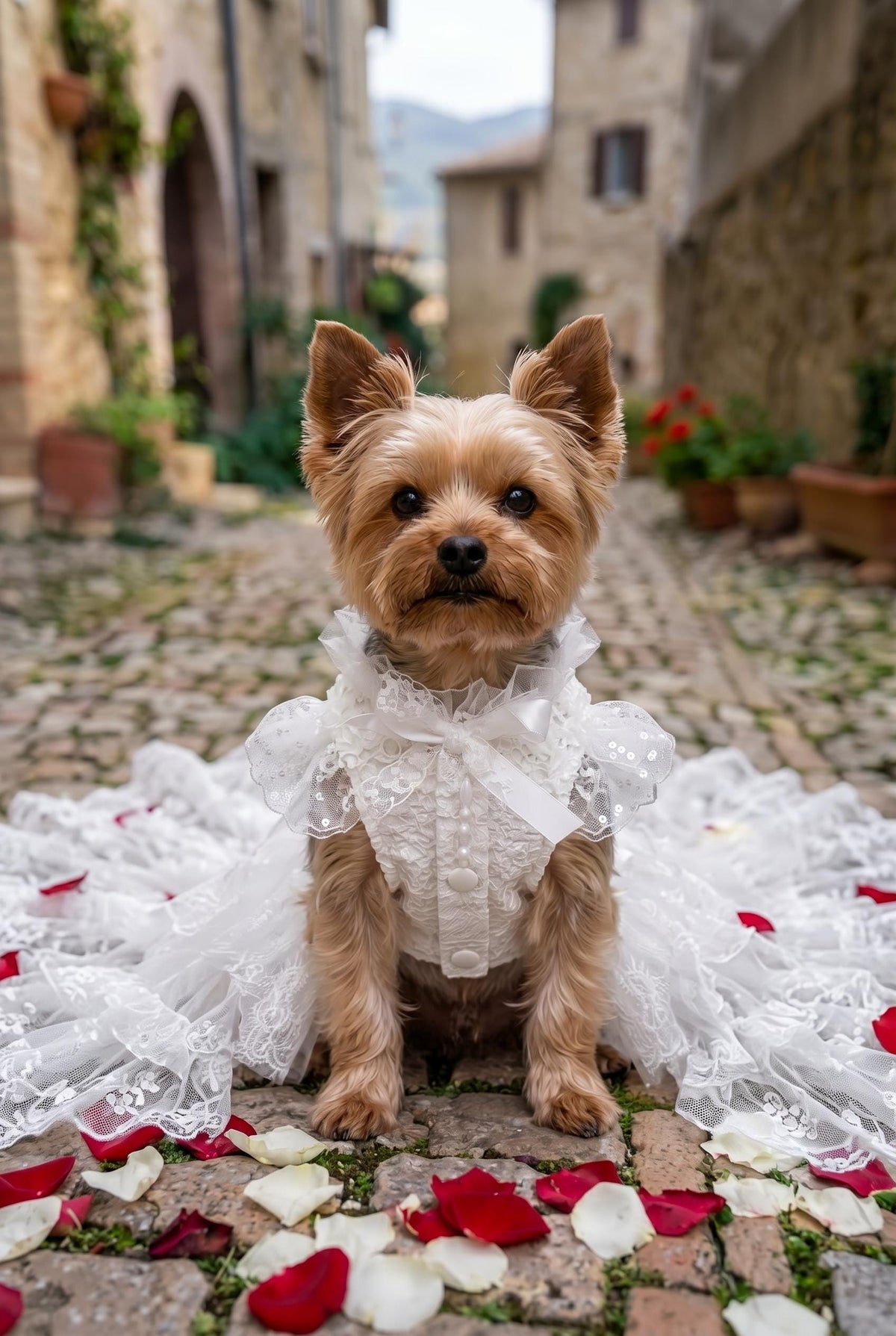 White Lace Dog Wedding Dress with Optional Detachable Train — product image 4 of 7