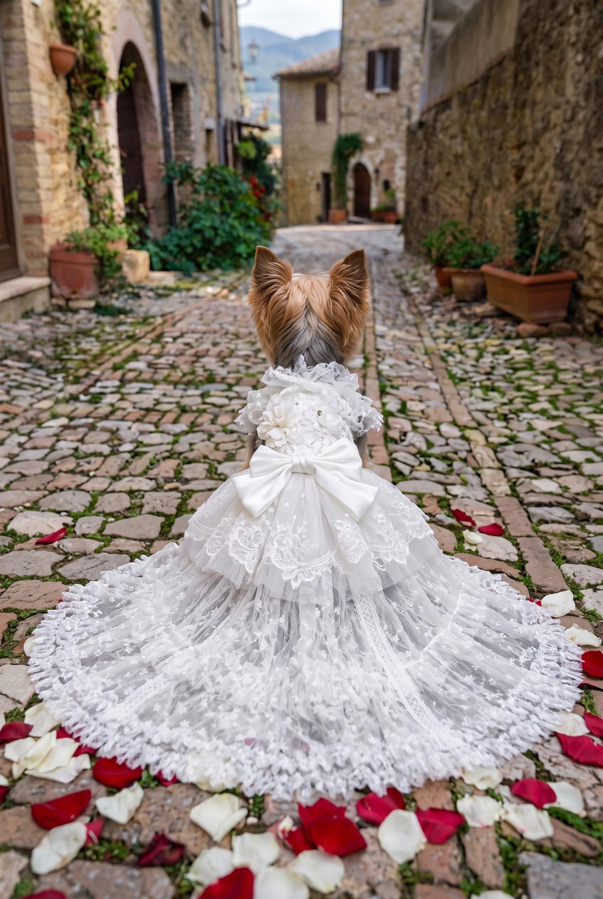 White Lace Dog Wedding Dress with Optional Detachable Train — product image 2 of 7