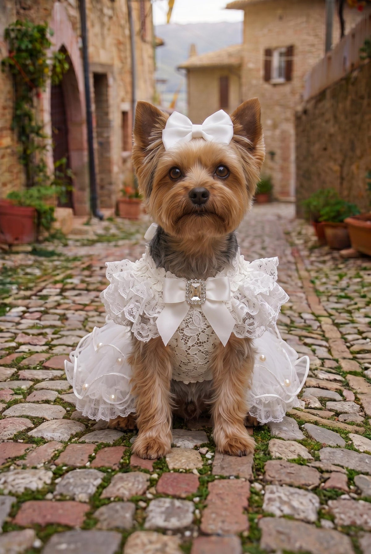 Robe de mariage blanche en dentelle à volants pour chien — photo du produit 4 sur 7
