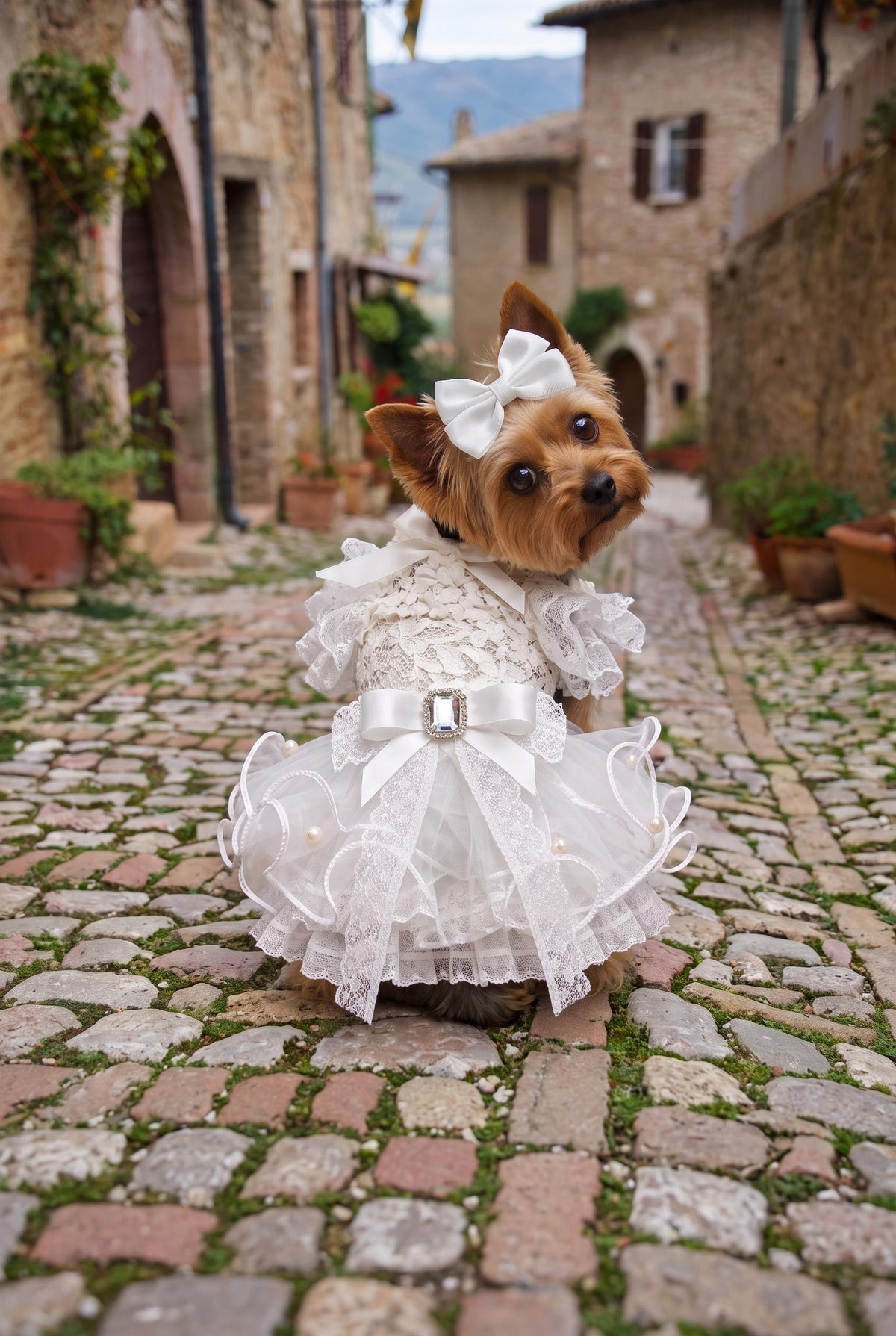 Robe de mariage blanche en dentelle à volants pour chien — photo du produit 1 sur 7