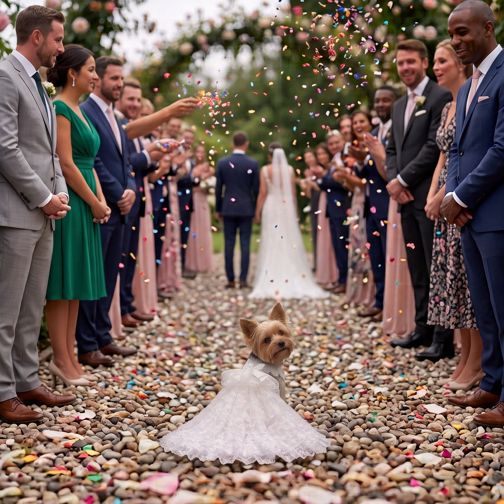 Un chien portant une robe de couture blanche lors d’une cérémonie de mariage